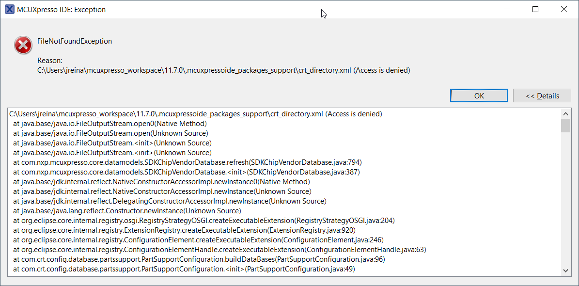 MCUXpresso 'FileNotFoundException' for crt_directory.xml (Access is
