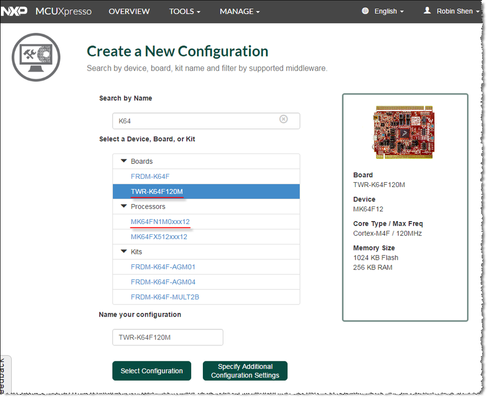 Select TWR-K64F120M or MK64FN1M0xxx12.png Select TWR-K64F120M or MK64FN1M0xxx12.png