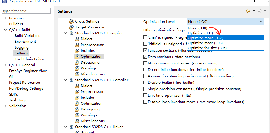 S32DS set -O2(optimize more) to the C/C++ compiler, as compared to -O ...