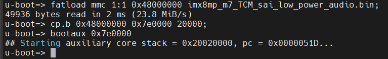 U-Boot response when loading the SAI low power audio example to the Cortex M7