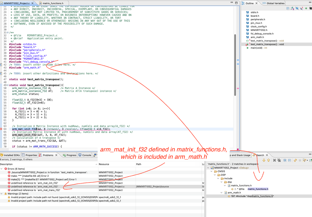 build fails despite includint arm_math.h which includes the specified matrix functions