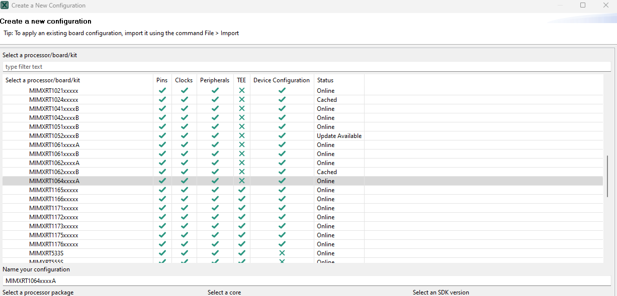 Cannot create a new configuration of MIMXRT1064xxxxB - NXP Community