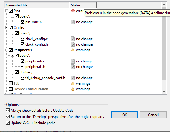 Peripheral Update Files can't generate code - NXP Community