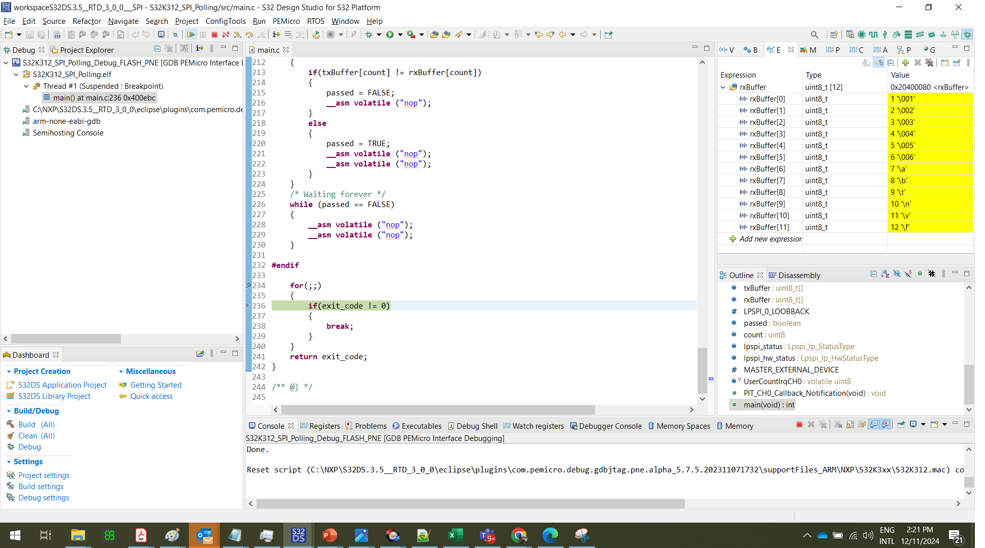 Example S32K312 SPI Transmit & Receive Using Polling DS3.5 RTD300