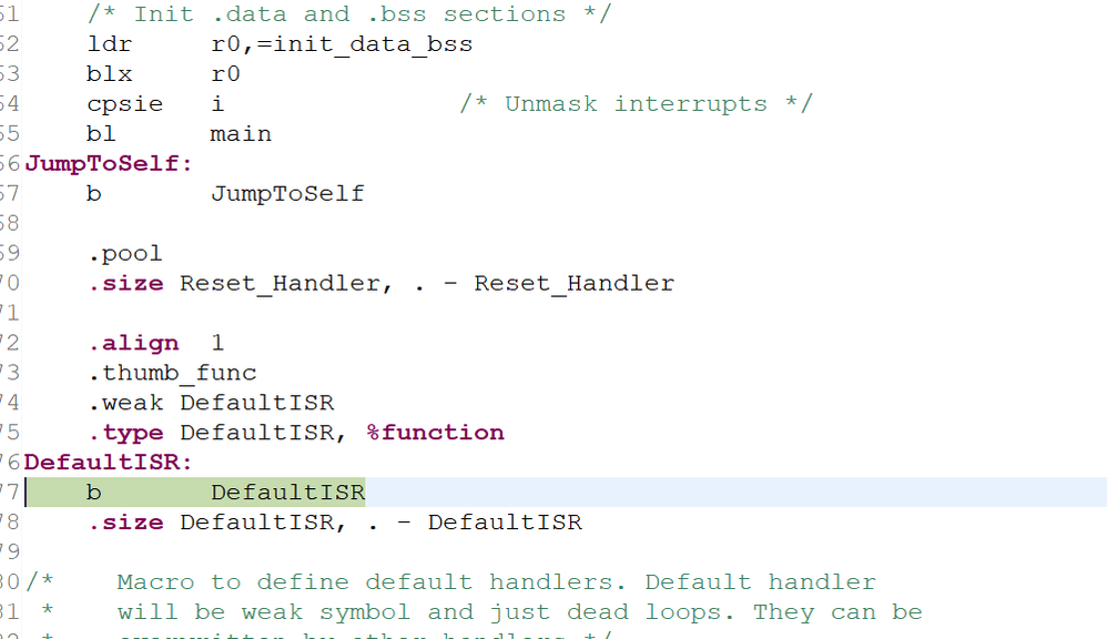 bootloader jumps to app and enters DefaultISR