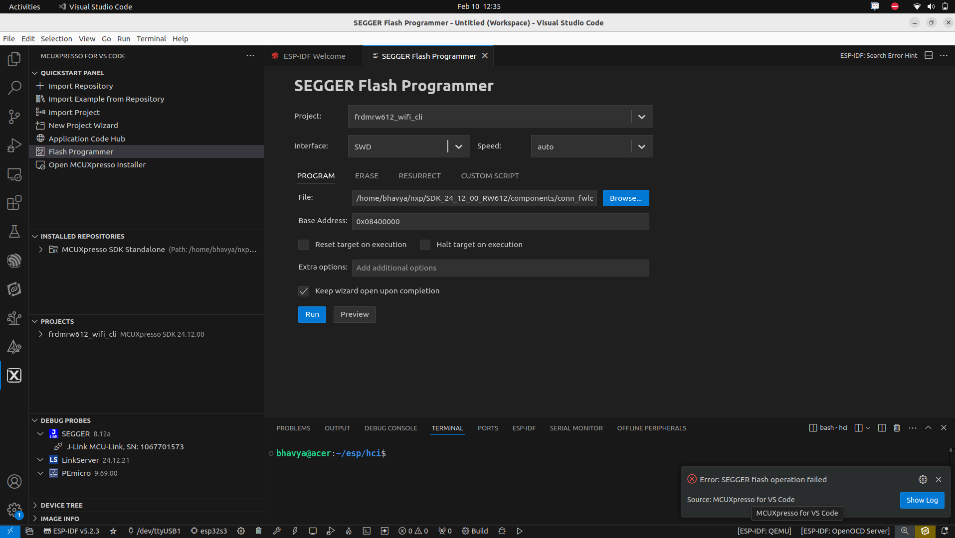 FRDM-RW612: Error while programming flash: Verify failed - NXP Community