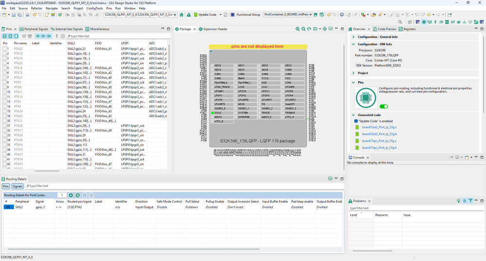 Package view of Pins Tool on S32K3 RTD 6.0.0 QLP01 shows an incomplete S32K396 pin location.png
