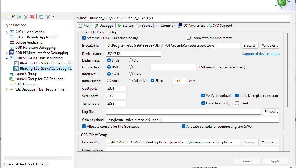 Flashing a program using the Segger J Link for S32K312 evb Board