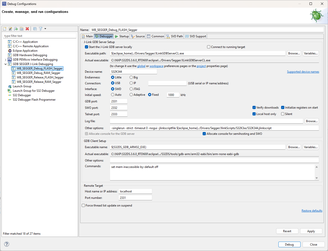 The S32K344 WB board can be connected to the Segger J-Link debugger ...